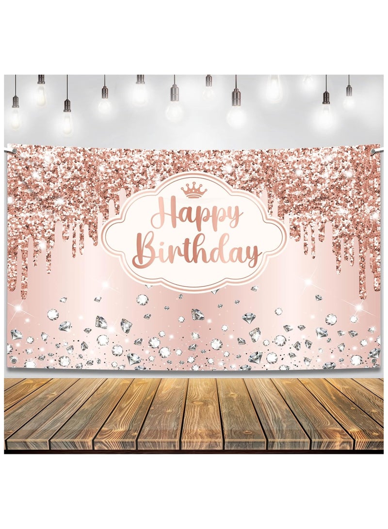 KATCHON Rose Gold Happy Birthday Backdrop | Pink Happy Birthday Princess Banner for Girls | Rose Gold Birthday Party Decorations - Image 1